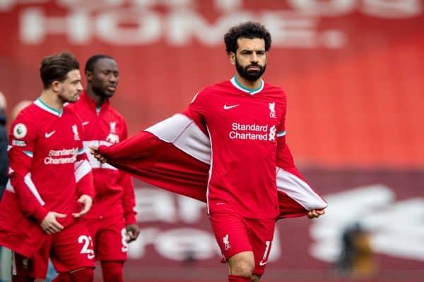 LIVERPOOL, ENGLAND - Sunday, March 7, 2021: Liverpool's Mohamed Salah before the FA Premier League match between Liverpool FC and Fulham FC at Anfield. (Pic by David Rawcliffe/Propaganda)