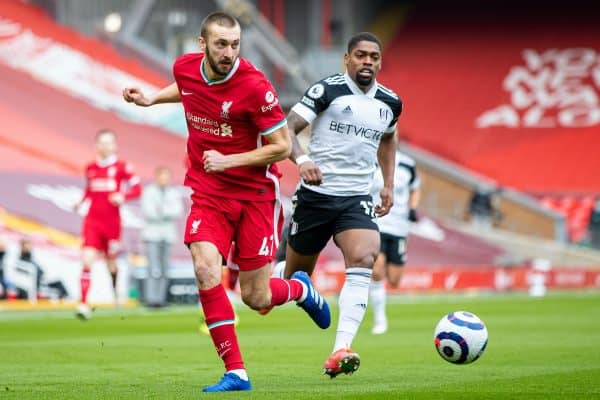 LIVERPOOL, ENGLAND - Sunday, March 7, 2021: Liverpool's Nathaniel Phillips during the FA Premier League match between Liverpool FC and Fulham FC at Anfield. (Pic by David Rawcliffe/Propaganda)