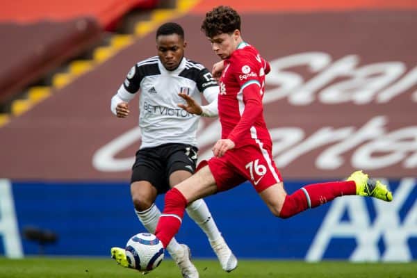 LIVERPOOL, ENGLAND - Sunday, March 7, 2021: Liverpool's Neco Williams during the FA Premier League match between Liverpool FC and Fulham FC at Anfield. (Pic by David Rawcliffe/Propaganda)