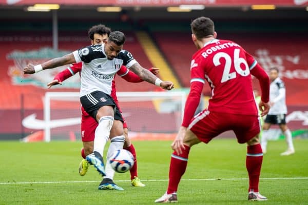 LIVERPOOL, ENGLAND - Sunday, March 7, 2021: Fulham's Mario Lemina scores the first goal during the FA Premier League match between Liverpool FC and Fulham FC at Anfield. (Pic by David Rawcliffe/Propaganda)
