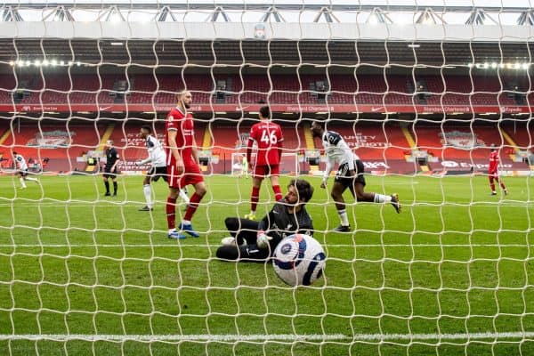 LIVERPOOL, ENGLAND - Sunday, March 7, 2021: Liverpool's goalkeeper Alisson Becker looks dejected as Fulham score the opening goal during the FA Premier League match between Liverpool FC and Fulham FC at Anfield. (Pic by David Rawcliffe/Propaganda)