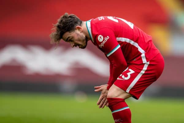 LIVERPOOL, ENGLAND - Sunday, March 7, 2021: Liverpool's Xherdan Shaqiri looks dejected after missing a chance during the FA Premier League match between Liverpool FC and Fulham FC at Anfield. (Pic by David Rawcliffe/Propaganda)