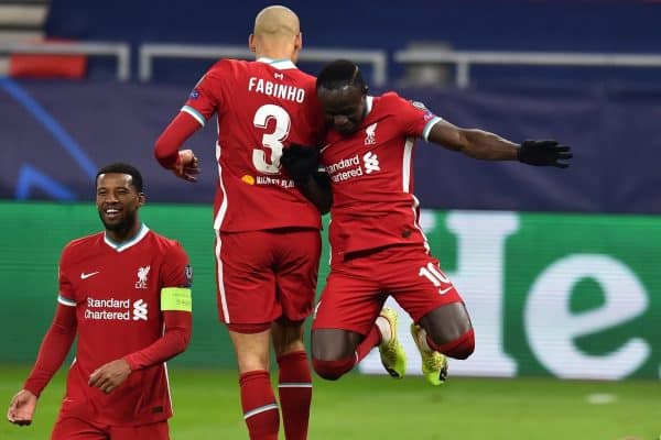 BUDAPEST, HUNGARY - Wednesday, March 10, 2021: Liverpool's Sadio Mané (R) celebrates with team-mate Fabio Henrique Tavares 'Fabinho' after scoring the second goal during the UEFA Champions League Round of 16 2nd Leg game between Liverpool FC and RB Leipzig at the Puskás Aréna. (Pic by Propaganda)