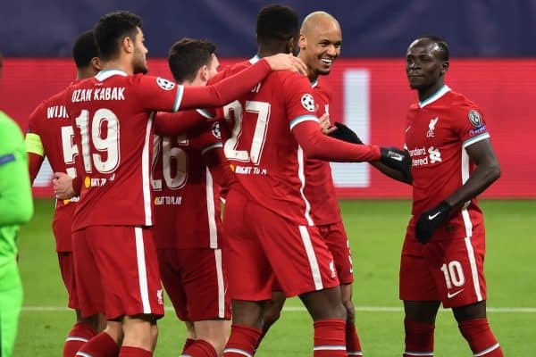 BUDAPEST, HUNGARY - Wednesday, March 10, 2021: Liverpool's Sadio Mané (R) celebrates with team-mate Fabio Henrique Tavares 'Fabinho' after scoring the second goal during the UEFA Champions League Round of 16 2nd Leg game between Liverpool FC and RB Leipzig at the Puskás Aréna. (Pic by Propaganda)