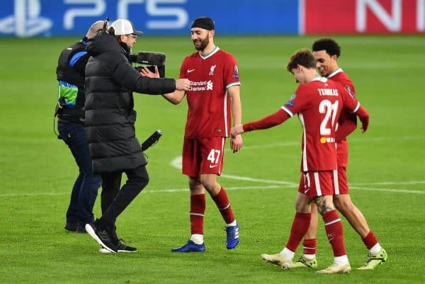 BUDAPEST, HUNGARY - Wednesday, March 10, 2021: Liverpool's manager Jürgen Klopp embraces Nathaniel Phillips after the UEFA Champions League Round of 16 2nd Leg game between Liverpool FC and RB Leipzig at the Puskás Aréna. (Pic by Propaganda)