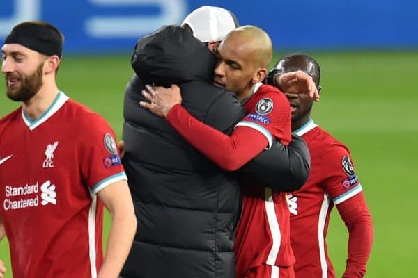 BUDAPEST, HUNGARY - Wednesday, March 10, 2021: Liverpool's manager Jürgen Klopp embraces Fabio Henrique Tavares 'Fabinho' after the UEFA Champions League Round of 16 2nd Leg game between Liverpool FC and RB Leipzig at the Puskás Aréna. (Pic by Propaganda)