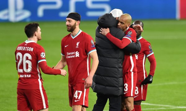 BUDAPEST, HUNGARY - Wednesday, March 10, 2021: Liverpool's manager Jürgen Klopp embraces Fabio Henrique Tavares 'Fabinho' after the UEFA Champions League Round of 16 2nd Leg game between Liverpool FC and RB Leipzig at the Puskás Aréna. (Pic by Propaganda)