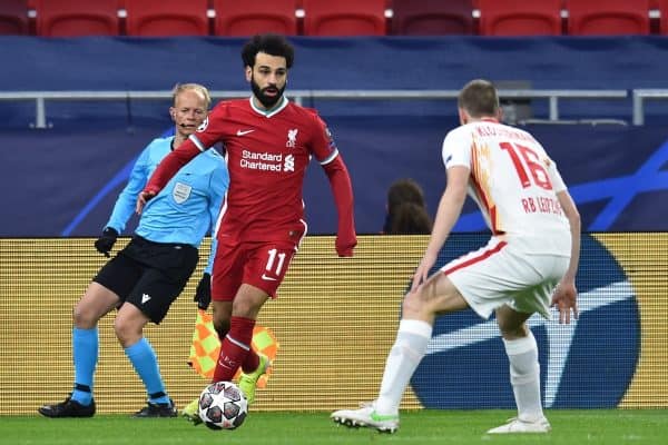 BUDAPEST, HUNGARY - Wednesday, March 10, 2021: Liverpool's Mohamed Salah during the UEFA Champions League Round of 16 2nd Leg game between Liverpool FC and RB Leipzig at the Puskás Aréna. (Pic by Propaganda)