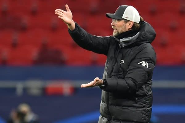 BUDAPEST, HUNGARY - Wednesday, March 10, 2021: Liverpool's manager Jürgen Klopp during the UEFA Champions League Round of 16 2nd Leg game between Liverpool FC and RB Leipzig at the Puskás Aréna. (Pic by Propaganda)