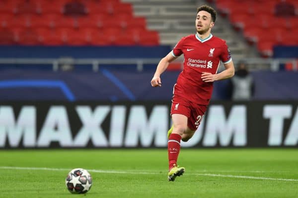 BUDAPEST, HUNGARY - Wednesday, March 10, 2021: Liverpool's Diogo Jota during the UEFA Champions League Round of 16 2nd Leg game between Liverpool FC and RB Leipzig at the Puskás Aréna. (Pic by Propaganda)