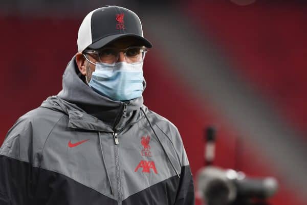 BUDAPEST, HUNGARY - Wednesday, March 10, 2021: Liverpool's manager Jürgen Klopp on the pitch before the UEFA Champions League Round of 16 2nd Leg game between Liverpool FC and RB Leipzig at the Puskás Aréna. (Pic by Propaganda)