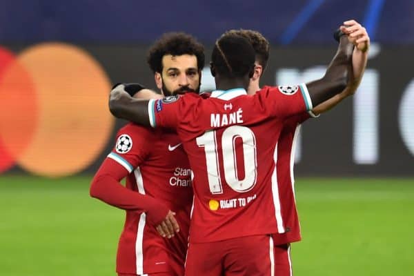 BUDAPEST, HUNGARY - Wednesday, March 10, 2021: Liverpool's Mohamed Salah (L) celebrates after scoring the first goal during the UEFA Champions League Round of 16 2nd Leg game between Liverpool FC and RB Leipzig at the Puskás Aréna. (Pic by Propaganda)