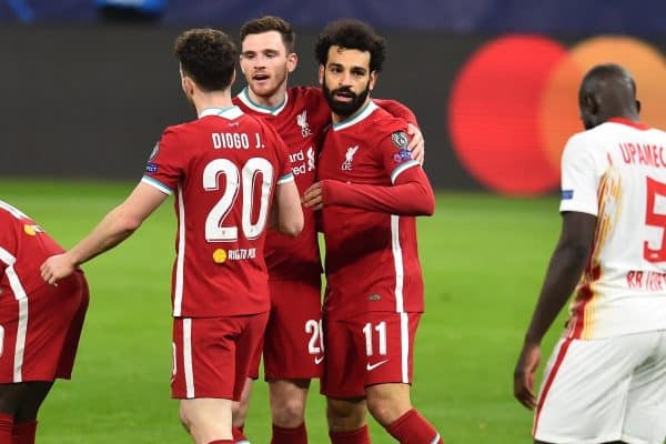 BUDAPEST, HUNGARY - Wednesday, March 10, 2021: Liverpool's Mohamed Salah (R) celebrates after scoring the first goal during the UEFA Champions League Round of 16 2nd Leg game between Liverpool FC and RB Leipzig at the Puskás Aréna. (Pic by Propaganda)