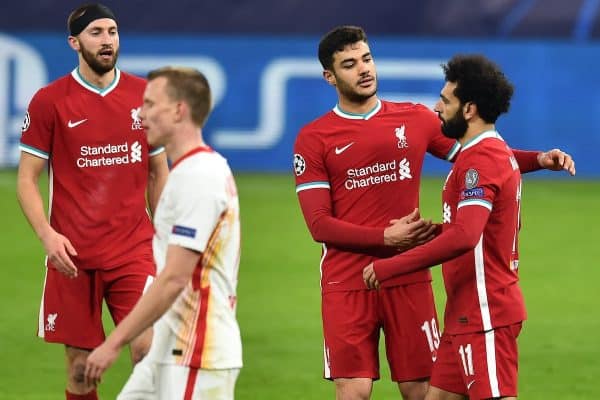 BUDAPEST, HUNGARY - Wednesday, March 10, 2021: Liverpool's Mohamed Salah (R) celebrates with team-mate Ozan Kabak after scoring the first goal during the UEFA Champions League Round of 16 2nd Leg game between Liverpool FC and RB Leipzig at the Puskás Aréna. (Pic by Propaganda)