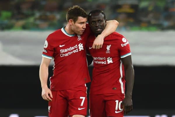 WOLVERHAMPTON, ENGLAND - Monday, March 15, 2021: Liverpool's James Milner (L) and Sadio Mané after the FA Premier League match between Wolverhampton Wanderers FC and Liverpool FC at Molineux Stadium. (Pic by Propaganda)