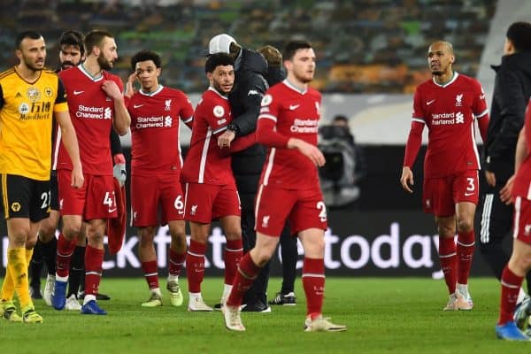 WOLVERHAMPTON, ENGLAND - Monday, March 15, 2021: Liverpool's Alex Oxlade-Chamberlain and team-mates after the FA Premier League match between Wolverhampton Wanderers FC and Liverpool FC at Molineux Stadium. (Pic by Propaganda)