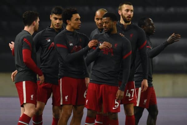 WOLVERHAMPTON, ENGLAND - Monday, March 15, 2021: Liverpool's Trent Alexander-Arnold (L) and Georginio Wijnaldum during the pre-match warm-up before the FA Premier League match between Wolverhampton Wanderers FC and Liverpool FC at Molineux Stadium. (Pic by Propaganda)