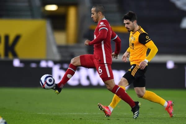 WOLVERHAMPTON, ENGLAND - Monday, March 15, 2021: Liverpool's Thiago Alcantara during the FA Premier League match between Wolverhampton Wanderers FC and Liverpool FC at Molineux Stadium. (Pic by Propaganda)