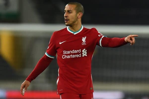 WOLVERHAMPTON, ENGLAND - Monday, March 15, 2021: Liverpool's Thiago Alcantara during the FA Premier League match between Wolverhampton Wanderers FC and Liverpool FC at Molineux Stadium. (Pic by Propaganda)