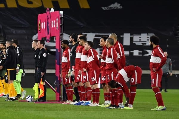 WOLVERHAMPTON, ENGLAND - Monday, March 15, 2021: Liverpool players line-up before the FA Premier League match between Wolverhampton Wanderers FC and Liverpool FC at Molineux Stadium. (Pic by Propaganda)