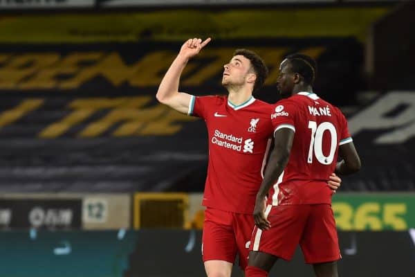 WOLVERHAMPTON, ENGLAND - Monday, March 15, 2021: Liverpool's Diogo Jota (L) celebrates with team-mate Sadio Mané after scoring the first goal during the FA Premier League match between Wolverhampton Wanderers FC and Liverpool FC at Molineux Stadium. (Pic by Propaganda)