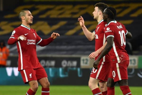 WOLVERHAMPTON, ENGLAND - Monday, March 15, 2021: Liverpool's Diogo Jota (C) celebrates with team-mates Thiago Alcantara (L) and Sadio Mané (R) after scoring the first goal during the FA Premier League match between Wolverhampton Wanderers FC and Liverpool FC at Molineux Stadium. (Pic by Propaganda)