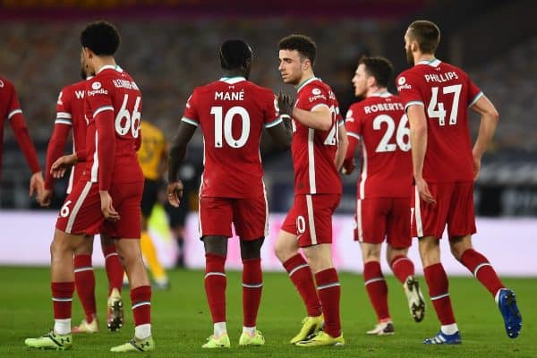 WOLVERHAMPTON, ENGLAND - Monday, March 15, 2021: Liverpool's Diogo Jota (R) celebrates with team-mate Sadio Mané after scoring the first goal during the FA Premier League match between Wolverhampton Wanderers FC and Liverpool FC at Molineux Stadium. (Pic by Propaganda)