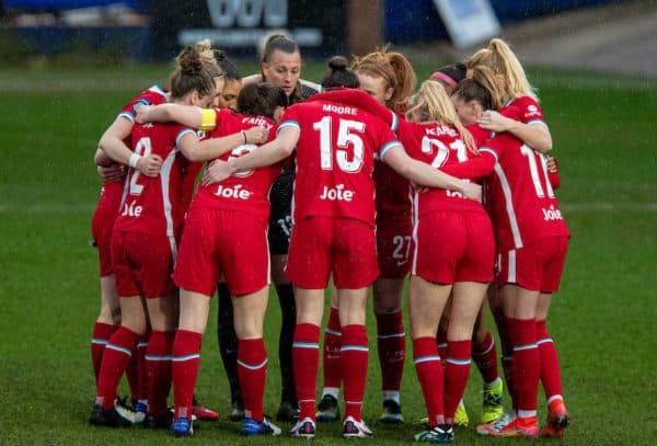 BIRKENHEAD, ENGLAND - Sunday, March 28, 2021: Liverpool players form a huddle before the FA Women’s Championship game between Liverpool FC Women and Blackburn Rovers Ladies FC at Prenton Park. (Pic by David Rawcliffe/Propaganda)