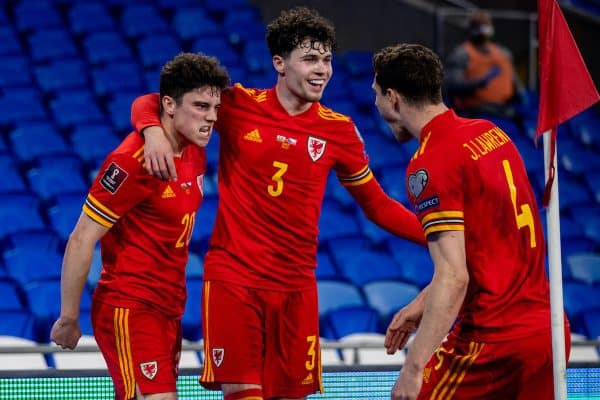 CARDIFF, WALES - Tuesday, March 30, 2021: Wales' Daniel James (L) celebrates with team-mates Neco Williams (C) and James Lawrence (R) after scoring the first goal during the FIFA World Cup Qatar 2022 Qualifying Group E game between Wales and Czech Republic at the Cardiff City Stadium. (Pic by David Rawcliffe/Propaganda)