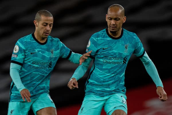 LONDON, ENGLAND - Saturday, April 3, 2021: Liverpool's Thiago Alcantara (L) and Fabio Henrique Tavares 'Fabinho' during the FA Premier League match between Arsenal FC and Liverpool FC at the Emirates Stadium. (Pic by David Rawcliffe/Propaganda)