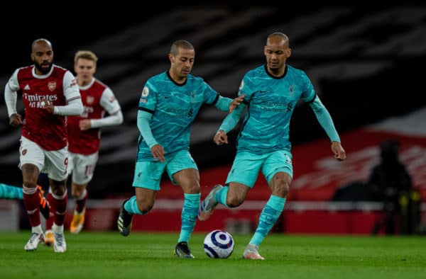 LONDON, ENGLAND - Saturday, April 3, 2021: Liverpool's Thiago Alcantara (L) and Fabio Henrique Tavares 'Fabinho' during the FA Premier League match between Arsenal FC and Liverpool FC at the Emirates Stadium. (Pic by David Rawcliffe/Propaganda)