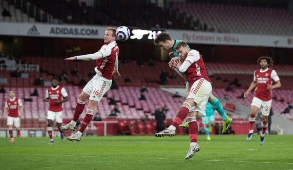 LONDON, ENGLAND - Saturday, April 3, 2021: Liverpool's Diogo Jota scores the first goal with a header during the FA Premier League match between Arsenal FC and Liverpool FC at the Emirates Stadium. (Pic by David Rawcliffe/Propaganda)