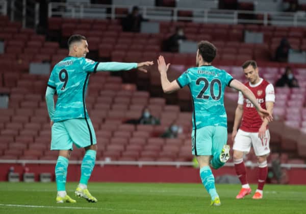 LONDON, ENGLAND - Saturday, April 3, 2021: Liverpool's Diogo Jota (R) celebrates after scoring the first goal with team-mate Roberto Firmino during the FA Premier League match between Arsenal FC and Liverpool FC at the Emirates Stadium. (Pic by David Rawcliffe/Propaganda)