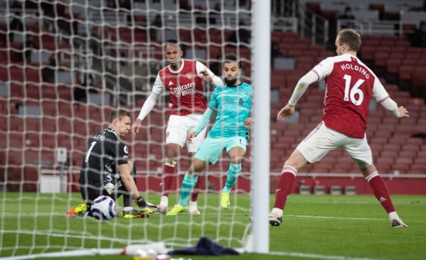 LONDON, ENGLAND - Saturday, April 3, 2021: Liverpool's Mohamed Salah celebrates after scoring the second goal throughg the legs of Arsenal's goalkeeper Bernd Leno during the FA Premier League match between Arsenal FC and Liverpool FC at the Emirates Stadium. (Pic by David Rawcliffe/Propaganda)