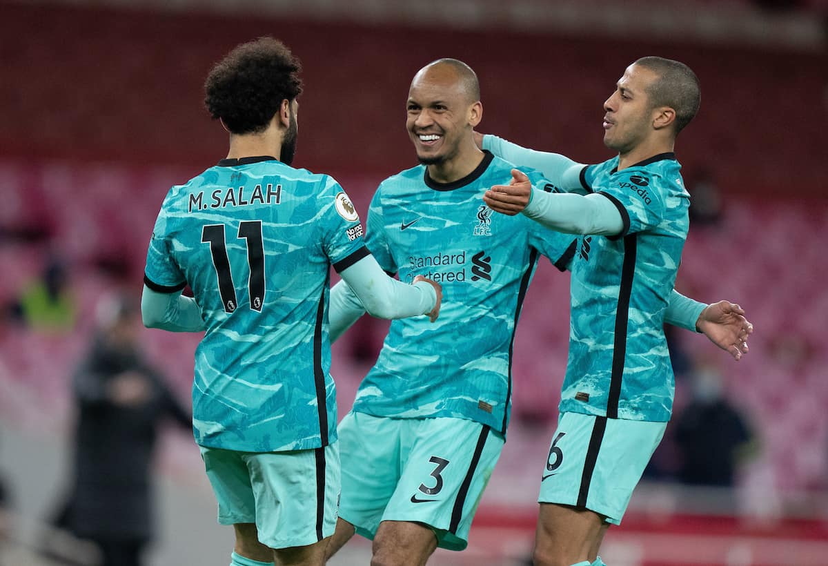 LONDON, ENGLAND - Saturday, April 3, 2021: Liverpool's Mohamed Salah (L) celebrates after scoring the second goal with team-mates Fabio Henrique Tavares 'Fabinho' (C) and Thiago Alcantara (R) during the FA Premier League match between Arsenal FC and Liverpool FC at the Emirates Stadium. (Pic by David Rawcliffe/Propaganda)