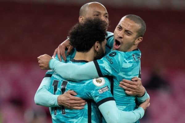 LONDON, ENGLAND - Saturday, April 3, 2021: Liverpool's Mohamed Salah (L) celebrates after scoring the second goal with team-mates Fabio Henrique Tavares 'Fabinho' (C) and Thiago Alcantara (R) during the FA Premier League match between Arsenal FC and Liverpool FC at the Emirates Stadium. (Pic by David Rawcliffe/Propaganda)