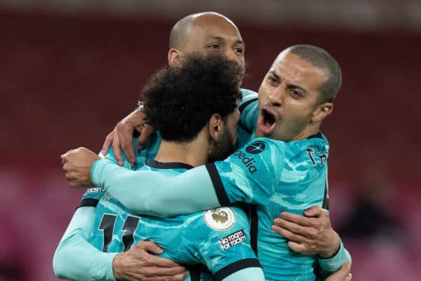 LONDON, ENGLAND - Saturday, April 3, 2021: Liverpool's Mohamed Salah (L) celebrates after scoring the second goal with team-mates Fabio Henrique Tavares 'Fabinho' (C) and Thiago Alcantara (R) during the FA Premier League match between Arsenal FC and Liverpool FC at the Emirates Stadium. (Pic by David Rawcliffe/Propaganda)