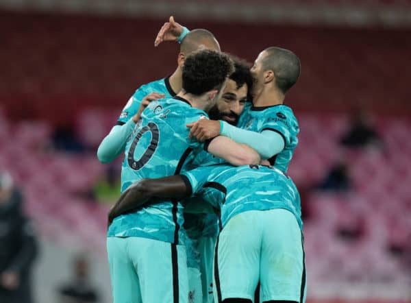 LONDON, ENGLAND - Saturday, April 3, 2021: Liverpool's Mohamed Salah (C) celebrates with team-mates after scoring the second goal during the FA Premier League match between Arsenal FC and Liverpool FC at the Emirates Stadium. (Pic by David Rawcliffe/Propaganda)