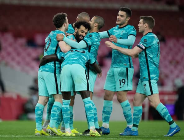 LONDON, ENGLAND - Saturday, April 3, 2021: Liverpool's Mohamed Salah (C) celebrates after scoring the second goal during the FA Premier League match between Arsenal FC and Liverpool FC at the Emirates Stadium. (Pic by David Rawcliffe/Propaganda)