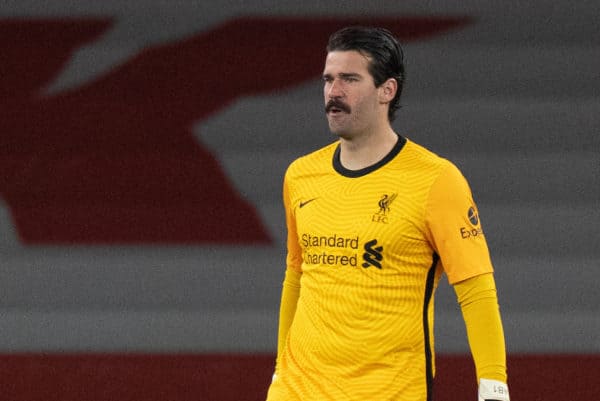 LONDON, ENGLAND - Saturday, April 3, 2021: Liverpool's goalkeeper Alisson Becker during the FA Premier League match between Arsenal FC and Liverpool FC at the Emirates Stadium. (Pic by David Rawcliffe/Propaganda)