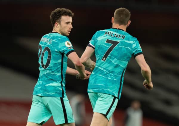 LONDON, ENGLAND - Saturday, April 3, 2021: Liverpool's Diogo Jota (L) celebrates after scoring the third goal during the FA Premier League match between Arsenal FC and Liverpool FC at the Emirates Stadium. (Pic by David Rawcliffe/Propaganda)