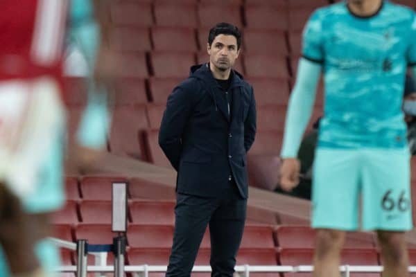 LONDON, ENGLAND - Saturday, April 3, 2021: Arsenal's manager Mikel Arteta during the FA Premier League match between Arsenal FC and Liverpool FC at the Emirates Stadium. (Pic by David Rawcliffe/Propaganda)