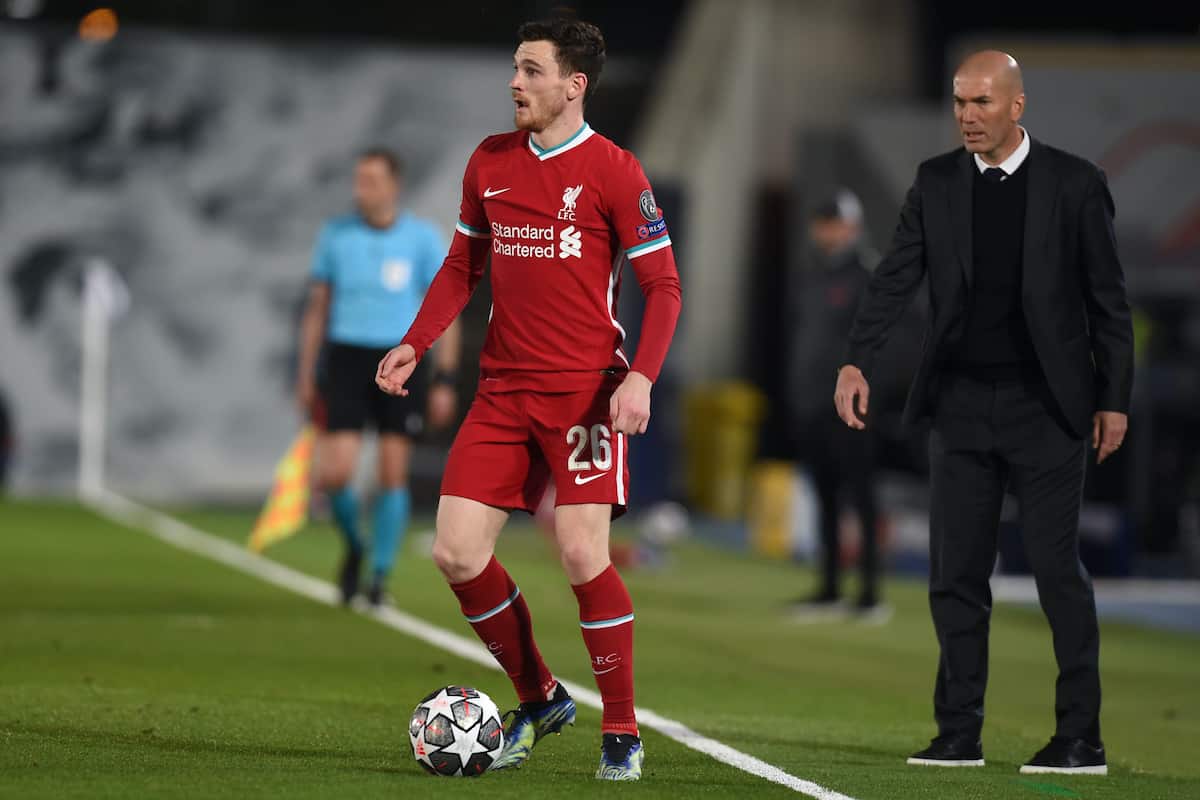 MADRID, SPAIN - Tuesday, April 6, 2021: Liverpool's Andy Robertson (L) and Real Madrid's head coach Zine?dine Zidane during the UEFA Champions League Quarter-Final 1st Leg game between Real Madird CF and Liverpool FC at the Estadio Alfredo Di Stefano. (Pic by Propaganda)