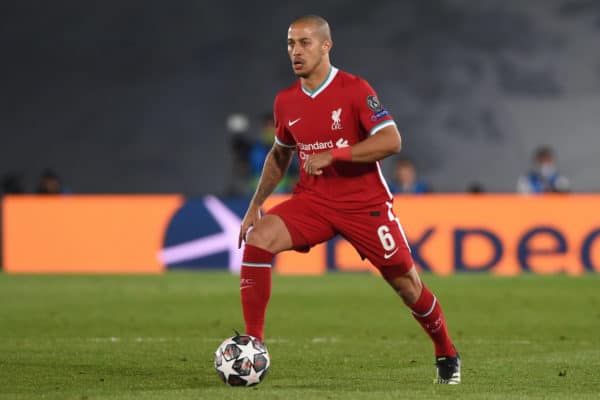 MADRID, SPAIN - Tuesday, April 6, 2021: Liverpool's Thiago Alcantara during the UEFA Champions League Quarter-Final 1st Leg game between Real Madird CF and Liverpool FC at the Estadio Alfredo Di Stefano. (Pic by Propaganda)