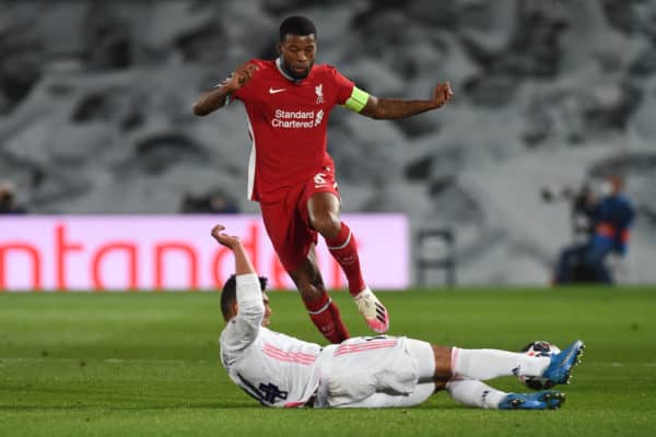 MADRID, SPAIN - Tuesday, April 6, 2021: Liverpool's Georginio Wijnaldum during the UEFA Champions League Quarter-Final 1st Leg game between Real Madird CF and Liverpool FC at the Estadio Alfredo Di Stefano. (Pic by Propaganda)