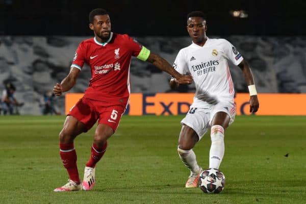 MADRID, SPAIN - Tuesday, April 6, 2021: Liverpool's Georginio Wijnaldum (L) during the UEFA Champions League Quarter-Final 1st Leg game between Real Madird CF and Liverpool FC at the Estadio Alfredo Di Stefano. (Pic by Propaganda)