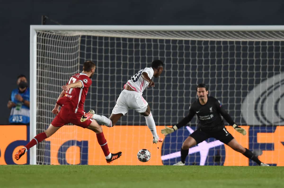 MADRID, SPAIN - Tuesday, April 6, 2021: Real Madrid's Vini?cius Ju?nior scores the first goal during the UEFA Champions League Quarter-Final 1st Leg game between Real Madird CF and Liverpool FC at the Estadio Alfredo Di Stefano. (Pic by Propaganda)