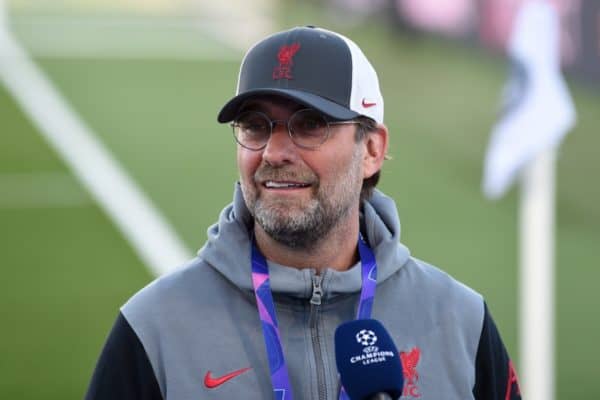 MADRID, SPAIN - Tuesday, April 6, 2021: Liverpool's manager Jürgen Klopp gives an interview before the UEFA Champions League Quarter-Final 1st Leg game between Real Madird CF and Liverpool FC at the Estadio Alfredo Di Stefano. (Pic by Propaganda)