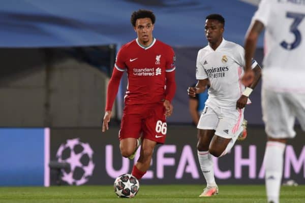 MADRID, SPAIN - Tuesday, April 6, 2021: Liverpool's Trent Alexander-Arnold during the UEFA Champions League Quarter-Final 1st Leg game between Real Madird CF and Liverpool FC at the Estadio Alfredo Di Stefano. (Pic by Propaganda)