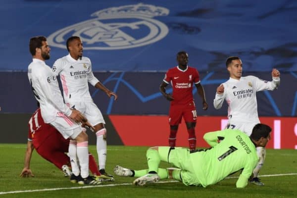 MADRID, SPAIN - Tuesday, April 6, 2021: Liverpool's Mohamed Salah scores his side's only goal during the UEFA Champions League Quarter-Final 1st Leg game between Real Madird CF and Liverpool FC at the Estadio Alfredo Di Stefano. (Pic by Propaganda)